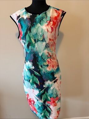 Bisou Bisou Teal, Coral & White Floral Midi Dress